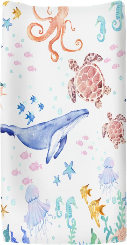 ZoUbqchY 32''16'' Colorful Ocean Animals Changing Pad Covers for Baby Girls Boys Whale Turtle Jellyfish Sea Horse