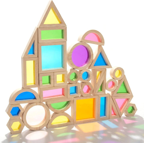 WOODENFUN Wood Building Blocks Set for Kids, 32 Pcs Rainbow Stacker Stacking