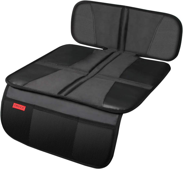 Car Seat Protector Mat - Thick Padding, Durable Waterproof Fabric, Leather Reinforced Corners & 3 Pockets Black