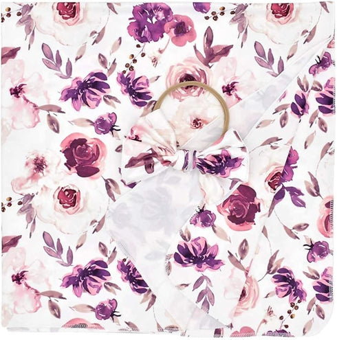 Baby Swaddle Blanket Newborn Girl, Swaddle and Headband Set with Purple Flowers Floral Print Wrap Shower Gift
