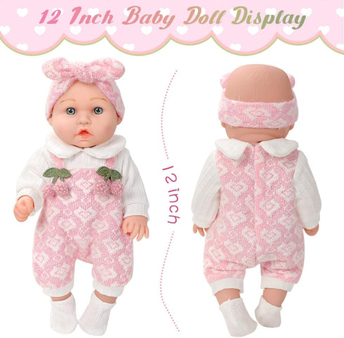 ZNTWEI 12'' Playset 3+ Baby Doll in Gift Box with Pink Cherry Pattern Clothes Accessories,Pacifier,Feeding Bottle.First
