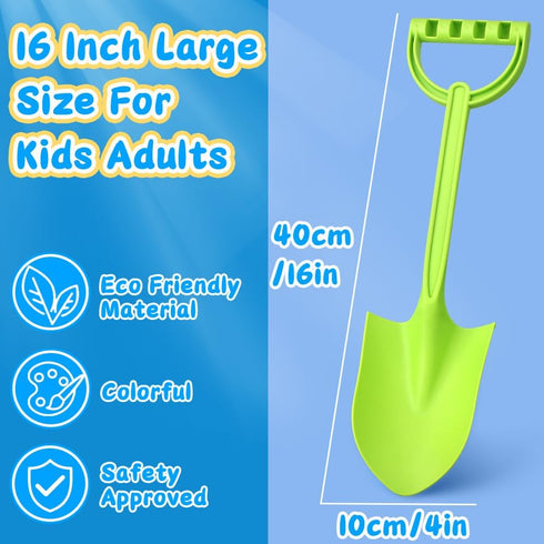 Heavy Duty 16" Thick Beach Sand Toy Shovels, Jumbo Scooping Spade Toys Kit for Kids Adults (Green Blue Red)
