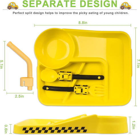 Construction Toddler Plates - Toddler Eating Utensil Set with Removable Straw, Baby Plates Feeding Set for Toddler