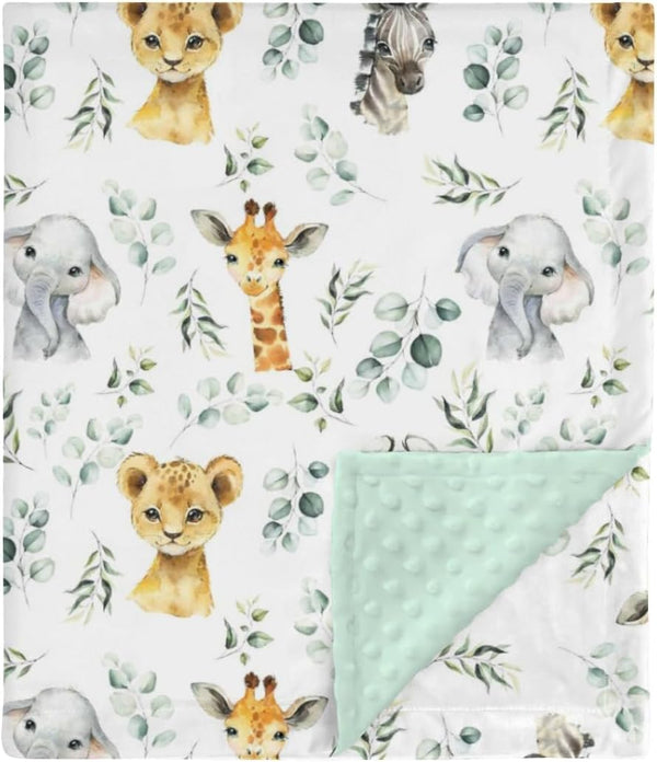 African Safari Jungle Animal Minky Baby Blanket, Dotted Backing Boy Girl, Blue Elephant Giraffe Zebra Double Layer