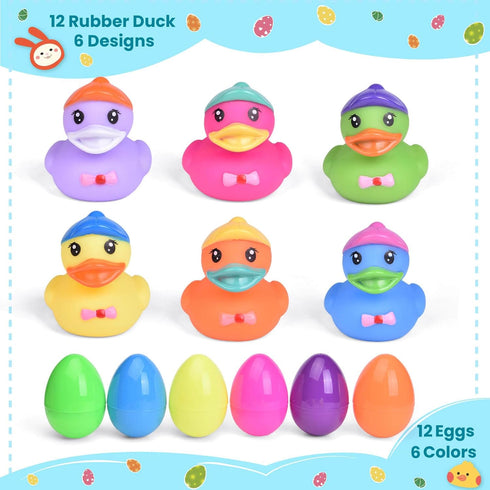 12 PCS Prefilled Easter Eggs with Rubber Duck Toys, Easter Basket Stuffers, Easter Egg Fillers, Bath Toy Squirters
