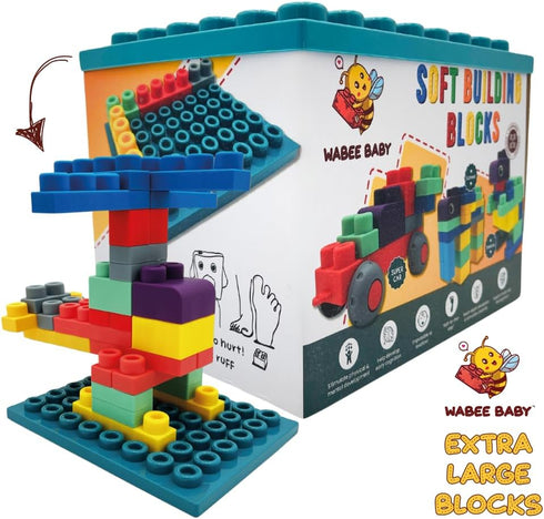 12mo+ Set Soft Rubber Building Blocks with Baseboard - Extra Large Toddler Blocks Ages - Chew-Safe Sensory Stacking