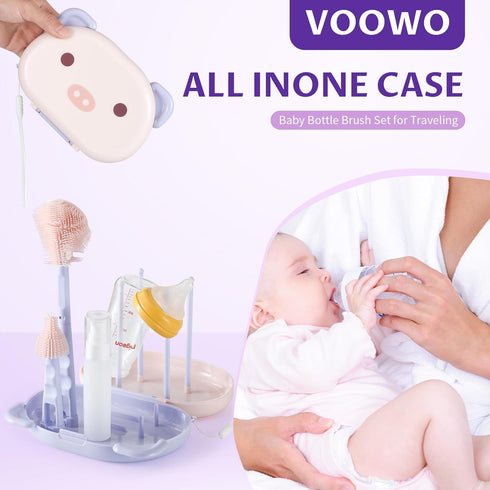 Set, VOOWO Baby Bottle Brush & Drying Rack, Portable Travel Kit - Silicone Bottle & Nipple Brush Straw Cleaner (Purple)