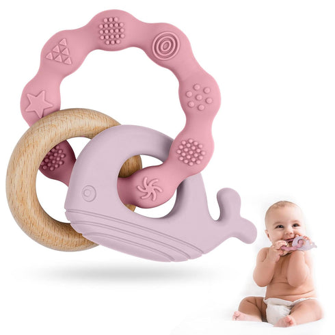 Vicloon Baby Teether Toys, Silicone & Natural Wood Teether Ring, Chewable Rings for Newborn Gift (Pink)