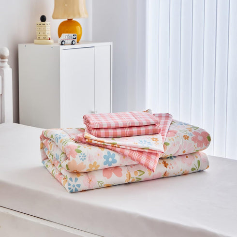 Joyreap 4 Set Set, Piece Cotton Toddler Bedding for Girls, Pink Flowers Design, Soft n Breathable Cotton Toddler