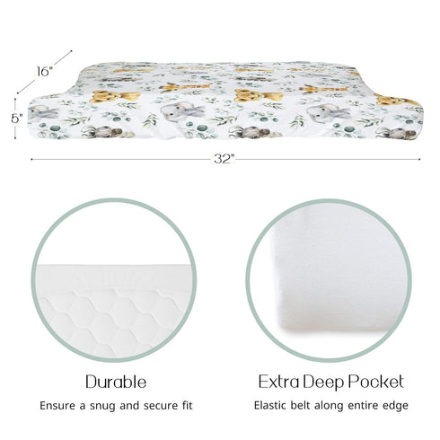 African Safari Jungle Animals Eucalyptus Leaf Changing Pad Cover Baby Girls Boys, Giraffe Elephant Lion Zebra Diaper Change Table Sheet, Stretchy Safe Snug Fitted Changing Mat 32"/34" x 16"