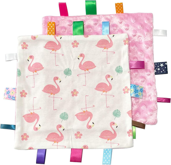 1 PC Pink Bird Baby Tag Blanket, Cute Label Blanket, Small Tags Security Blanket for Kids Toddlers Gift (9.84x9.84inch)