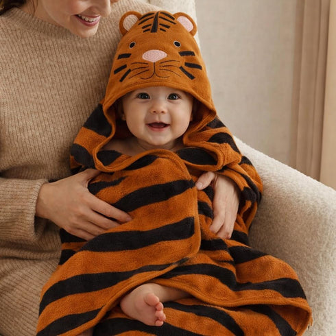 Moyra Collective Hooded Baby Blanket Knitted Cotton | Soft & Breathable Newborn & Infant Blanket | Tiger Design |