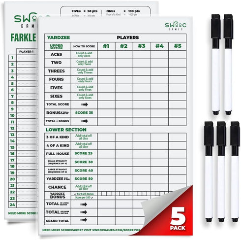 SWOOC Games 5 Big Dry Erase Yardzee & Farkle Score Cards with 5 Markers, Jumbo Score Sheets for Giant Dice Games