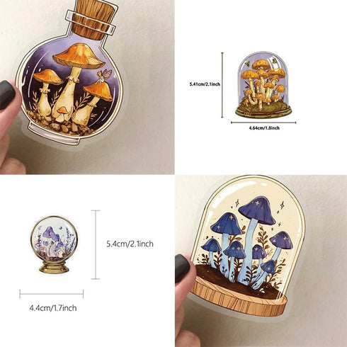 LOOGFDC 50 Pcs Vintage Mushroom Jar Stickers, Transparent Cartoon Aesthetic Stickers, Waterproof PET Vinyl Decals