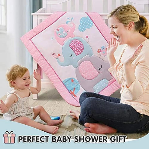 Set 4 Set Elephant Crib Bedding for Girls, Pieces Nursery Including Quilt/Fitted Sheet/Crib Skirt/Diaper Bag