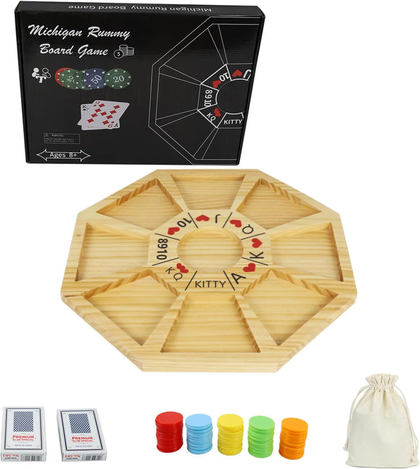 Michigan Rummy Game Deluxe Set - A Royal Game of Hearts Rummy Poker Wooden Tripoley Board Game for 100 Chips