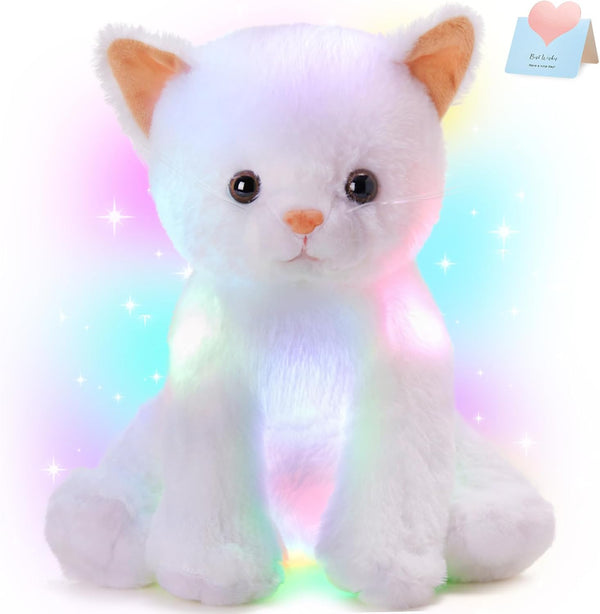 Houwsbaby LED Glowing Kitty Plush Toy - Light Up Cat Stuffed Animal, Night Lights Birthday Present for Kids, White, 12''