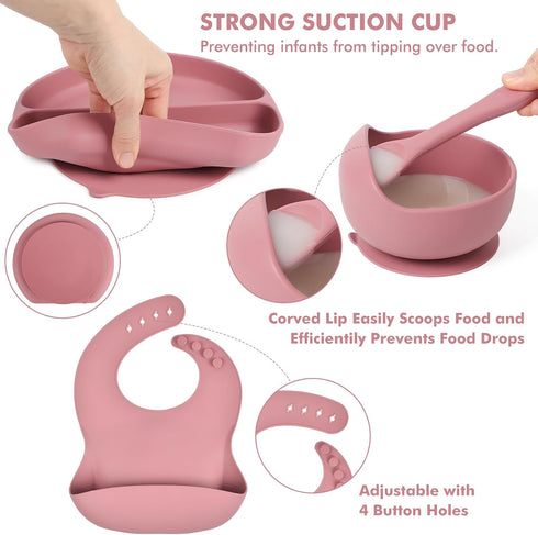 mraisebossup Set 15 Setpink Silicone Baby Feeding PcsBaby Spoons Suction Bowl Divided Plate Bib Cup Finger Brush Baby