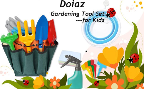 Doiaz Set Kidz Gardening Tool Gardening Tools Kit Includes Shovel, Rake, Fork Trowel, Children'z Garden Kit with Sun