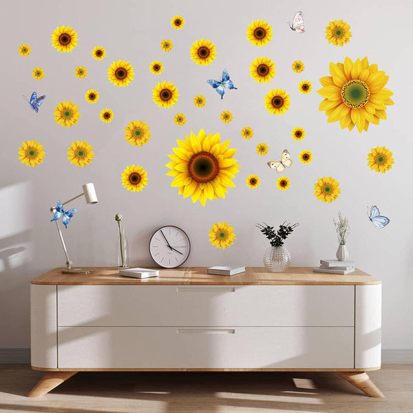 Sunflower Wall Stickers with 3D Butterfly, Removable Yellow Flower Wall Decals, Waterproof Mural for Nursery Kids