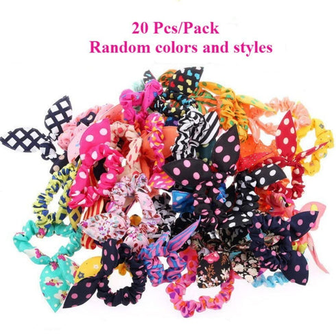 AKOAK 20 Pcs Baby Girl's Rabbit Ear Hair Tie Bands, Polka Dot Leopard Trip Ponytail Holder