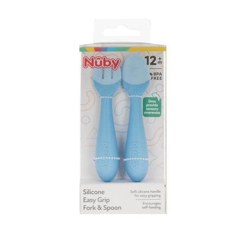 Nuby Silicone Easy Grip Fork & Spoon Set, BPA Free, 12+m in Blue