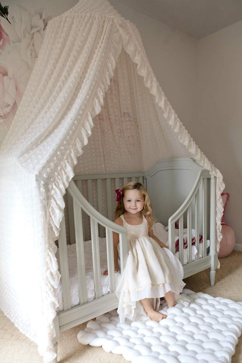 Wonder Space Elegant Kids Bed Canopy - Lace Chiffon Netting with Pom Pom, Princess Girls Fairy Dream Tent, Nursery Room