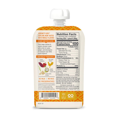 Serenity Kids 6+ Months World Explorers Baby Food Pouches Puree Made With Ethically Sourced Meats & Organic Veggies | 3.5 Ounce BPA-Free Pouch | Chicken Coconut Curry | 1 Count