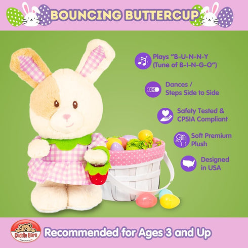 10" Cuddle Barn Animated Easter Bunny Plush - Bouncing Buttercup | Musical Dancing Rabbit with Strawberry Bag |