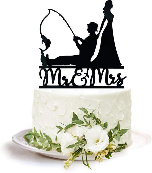 YzYbuaego Black Fishing Wedding Cake Topper, Mr & Mrs, Fishing Theme for Wedding/Engagement/Bridal Shower