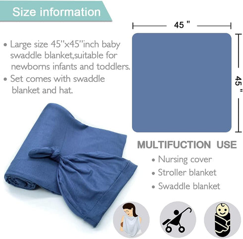 Set OWLOWLA Swaddle Blanket and Hat Newborn Swaddle Wrap Baby Receiving Blanket for Baby Boys Girls(Steel Blue)