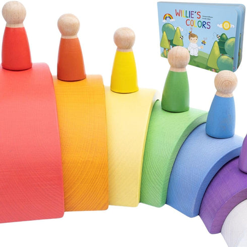 Montessori Nesting Rainbow Toy - Wooden Stacking Set with Arches, Peg Dolls & Story Book for Ages 3+