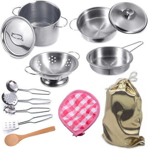 Play Pots and Pans Toys for Kids Kitchen Playset with Mini Stainless Steel Cooking Utensils for Toddlers & Girls