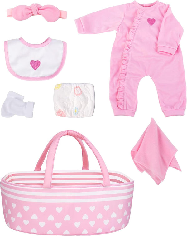Aori 7 Pcs Reborn Baby Dolls Clothes Set with Pink Bassinet for