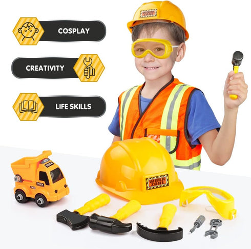 Construction Worker Costume for Boys, Toddler Builder Career Outfit for Pretend Role Play, Ages 3-7
