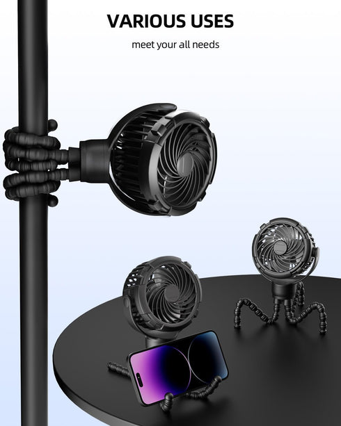 TUNISE 4000mAh, 360 3-Speed, Stroller Fan, Rechargeable with TYPE-C Port, Rotatable, Flexible Tripod, Clip Anywhere