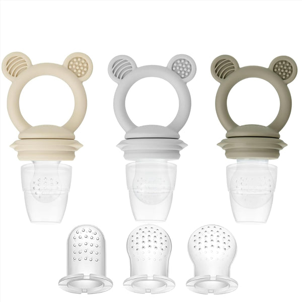 PandaEar 3 Pack Baby Fruit & Food Feeder Pacifier, Silicone Feeder with 3 Sizes Pouches, BPA-Free - Tan/Grey/Brown