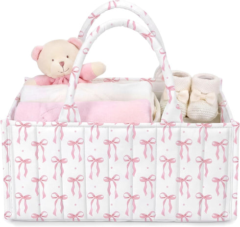 Shinylin Diaper Caddy Organizer with Pink Bow Portable Nursery Storage Basket with Handles