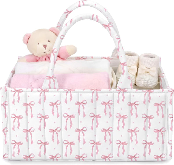 Shinylin Diaper Caddy Organizer with Pink Bow Portable Nursery Storage Basket with Handles