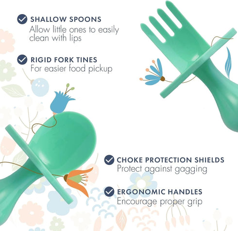 Elli&Nooli Baby Led Weaning Spoon & Fork Set, Mint Toddler Feeding Set with Ergonomic Grip Handles, Dishwasher Safe
