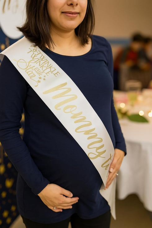 Twinkle Little Star Baby Shower Sash Banner - Mommy to Be White & Gold with Rhinestone Pin