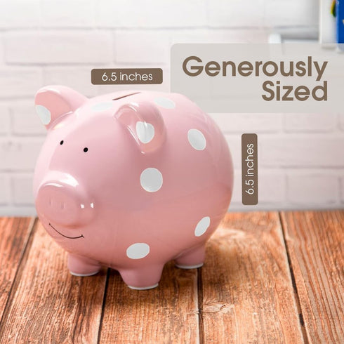 Pearhead Large Ceramic Piggy Bank, Pink Polka Dot Coin Bank for Kids, Gender-Neutral Nursery Decor, Newborn Savings