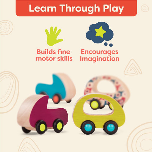 B. toys 6 Little Wooden Toy Cars Free Wheee-Lees Colorful Play Set for Kids, Toddlers, 1 Year +