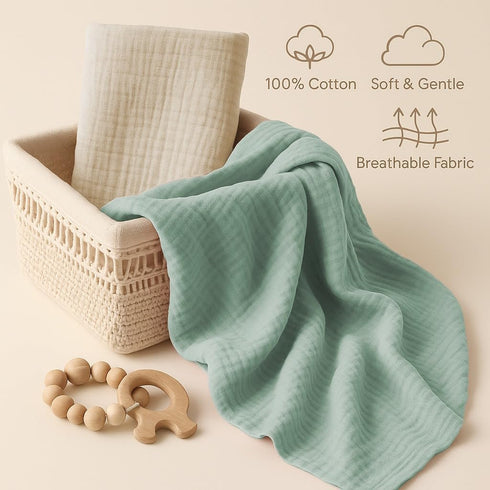 Set 2 Set, Muslin Swaddle Blankets of Green & Beige Baby Boy Blanket Breathable Muslin Baby Swaddles, Soft Receiving