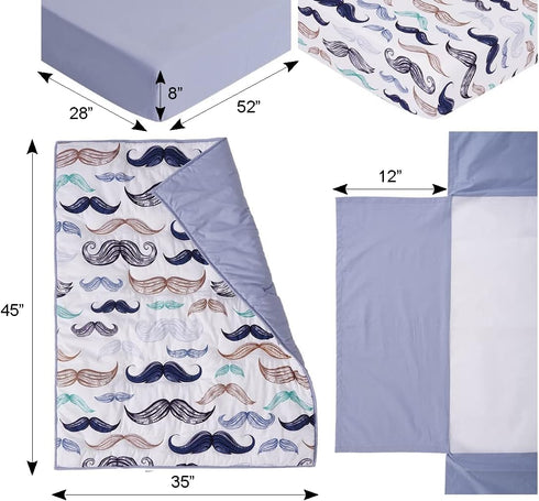 100% 4-Piece Set 2 Noisy Mouse - Boho Little Man Mustache, Premium, Organic Cotton Baby Boy Nursery Bedding Crib | Baby