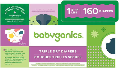 Babyganics Size 1 Diapers, 160 count, Absorbent, Breathable, Triple Dry Protection