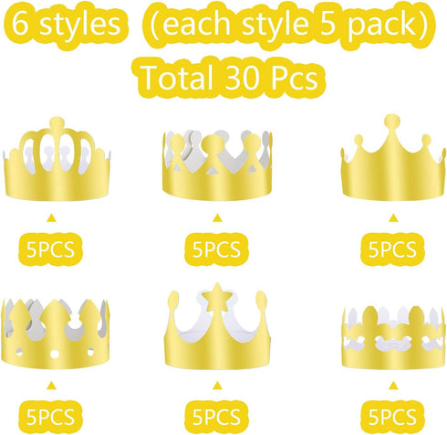 TUPARKA 30 Pcs Paper Crown Golden King Crowns, Gold Foil Party Crown Hat Cap for Birthday Celebration, Baby Shower