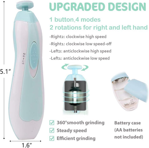 Baby Nail Trimmer Electric Nail File, Safe Nail Filer Grinder Kit for Newborns, with LED Light and 10 Grinding Heads