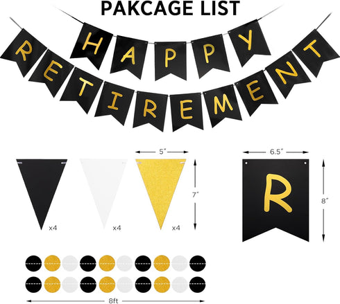 Happy Retirement Banner, GAGAKU Black and Gold Party Decorations Kit, Gold Glitter Paper Pennant for Farewell