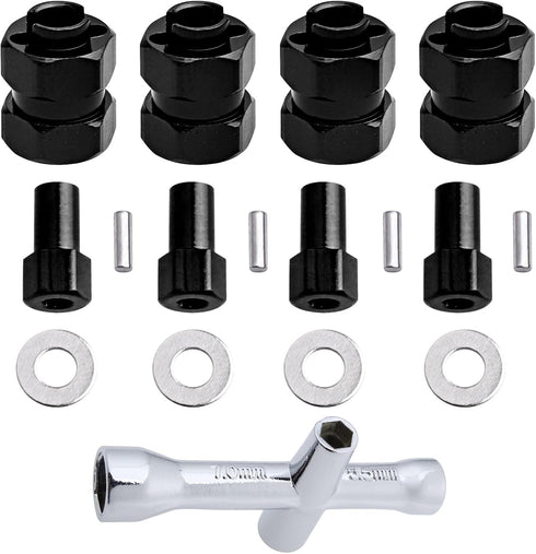 4 Pieces Aluminum Extended 7mm Hex Wheel Hubs & 8mm Thick Wheel Spacers for Axial SCX24 Models (Black)